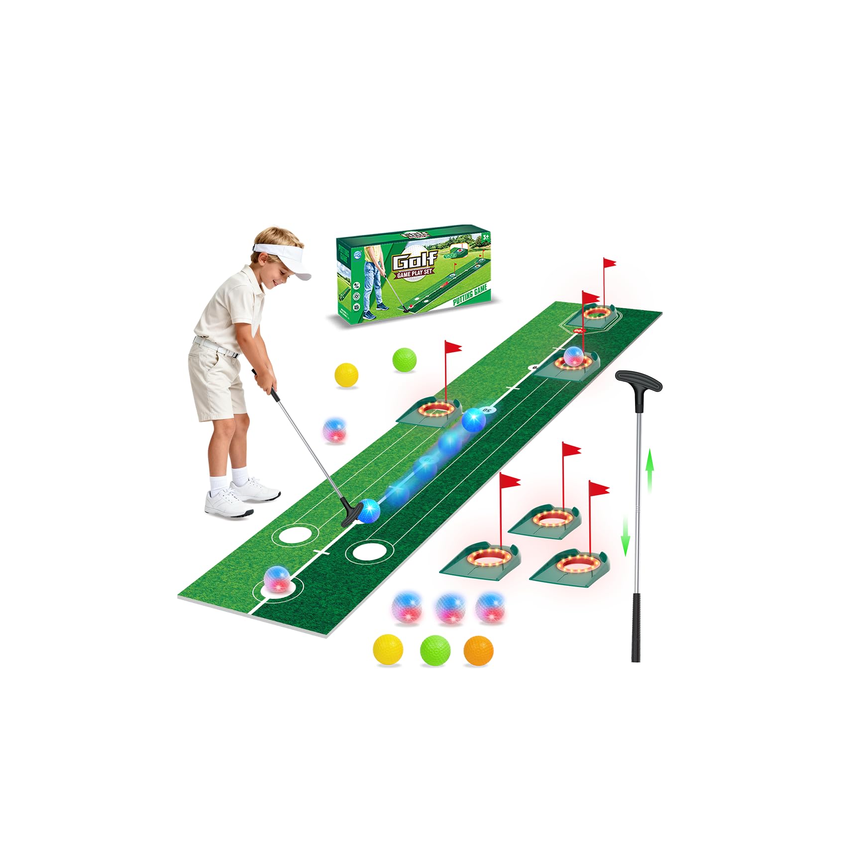 Photo 1 of VATOS Golf Putting Set for Kids - Light up Golf Game Toys with Putting Mat, Putter, 3 Holes & 6 Balls (3 Glow), Indoor Outdoor Yard Golfs Game Sports Toys, Birthday Gifts for Boys Girls Kids 3-8