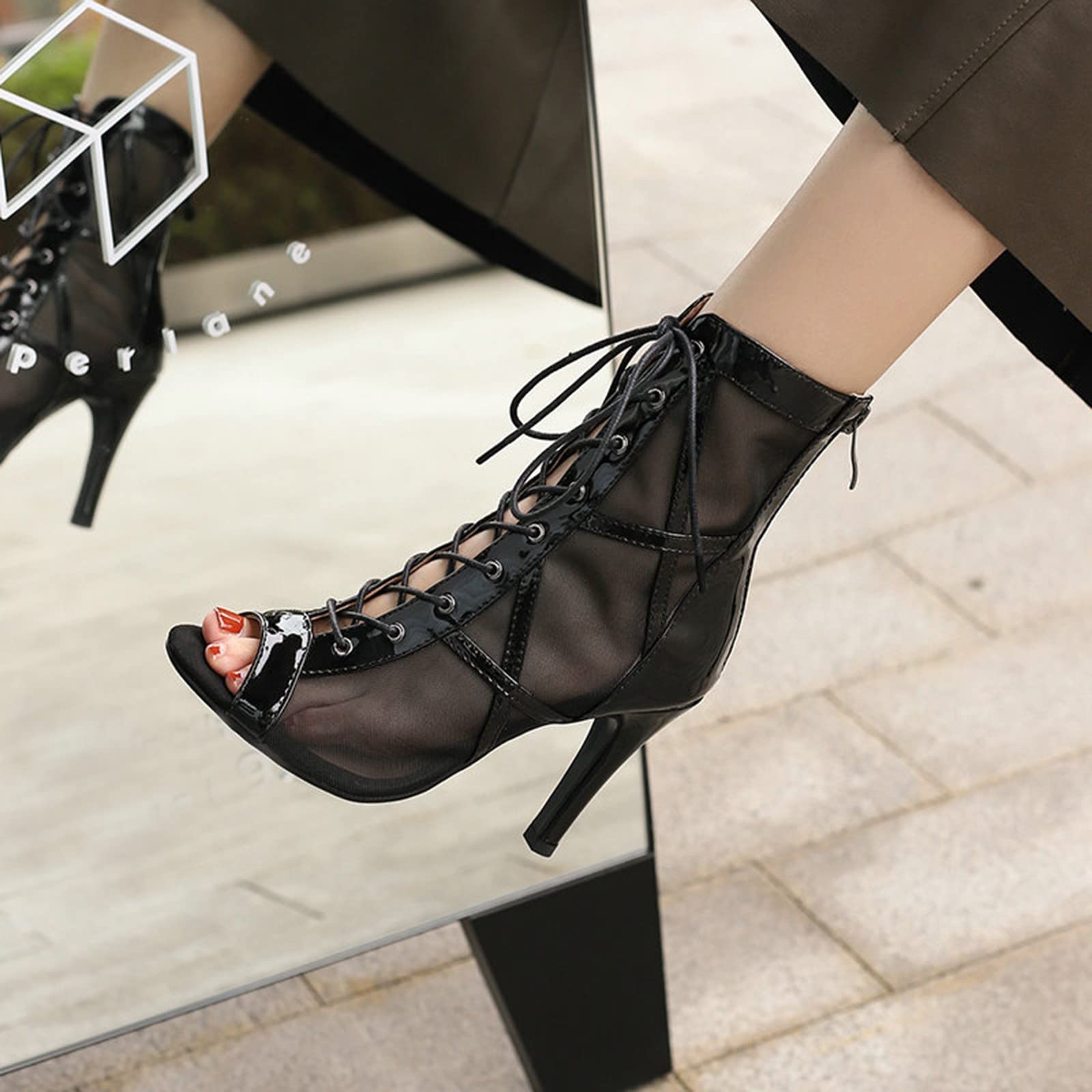 Damen Pumps Lack: Tanzstiefel Schwarz Open Toe Latein Tanzschuhe