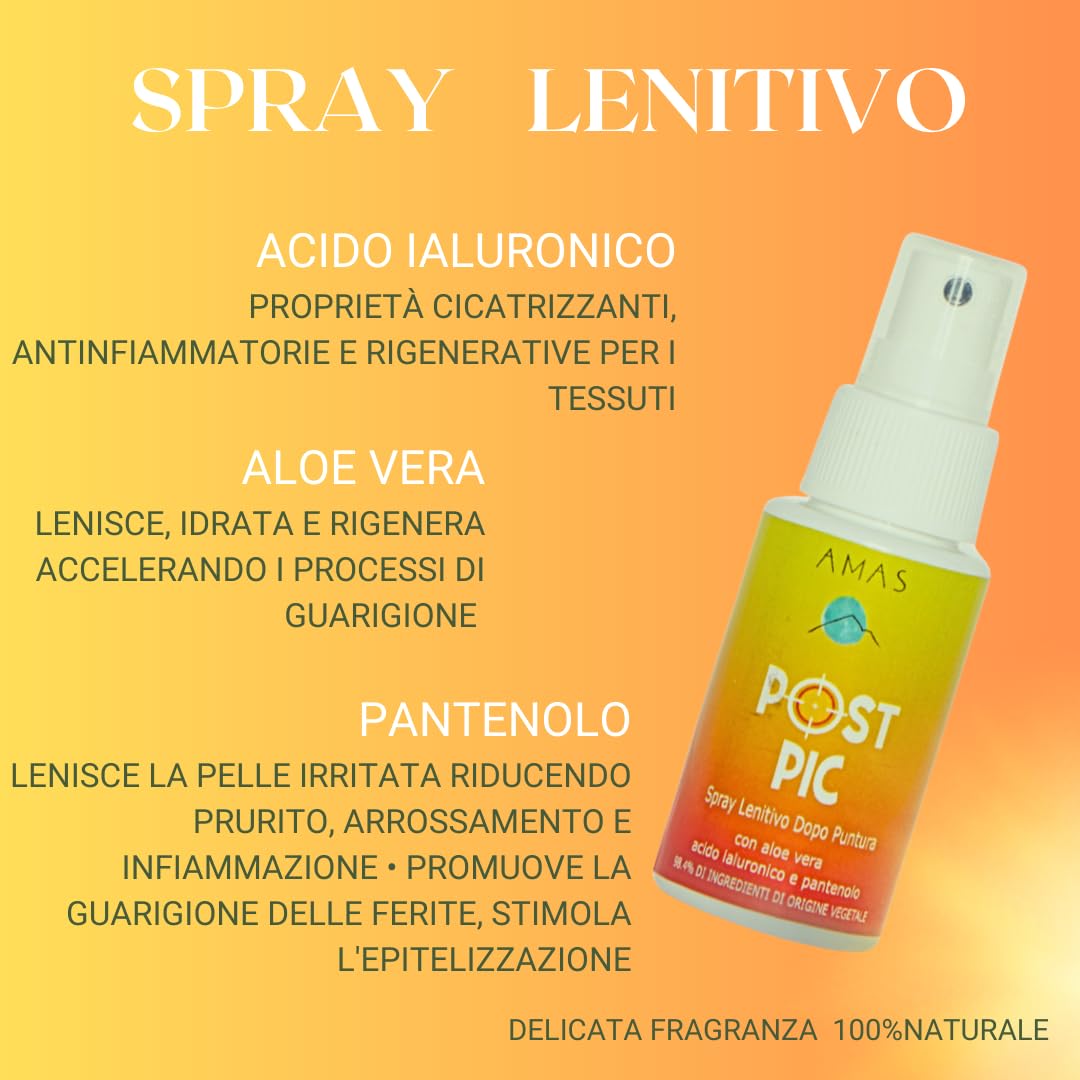 AMAS SPRAY LENITIVO NATURALE DOPOPUNTURA - ANTIPRURITO - POST PIC - Sollievo Immediato da punture di insetti, meduse, scottature e piante urticanti - con Acido Ialuronico, Aloe Vera e Pantenolo