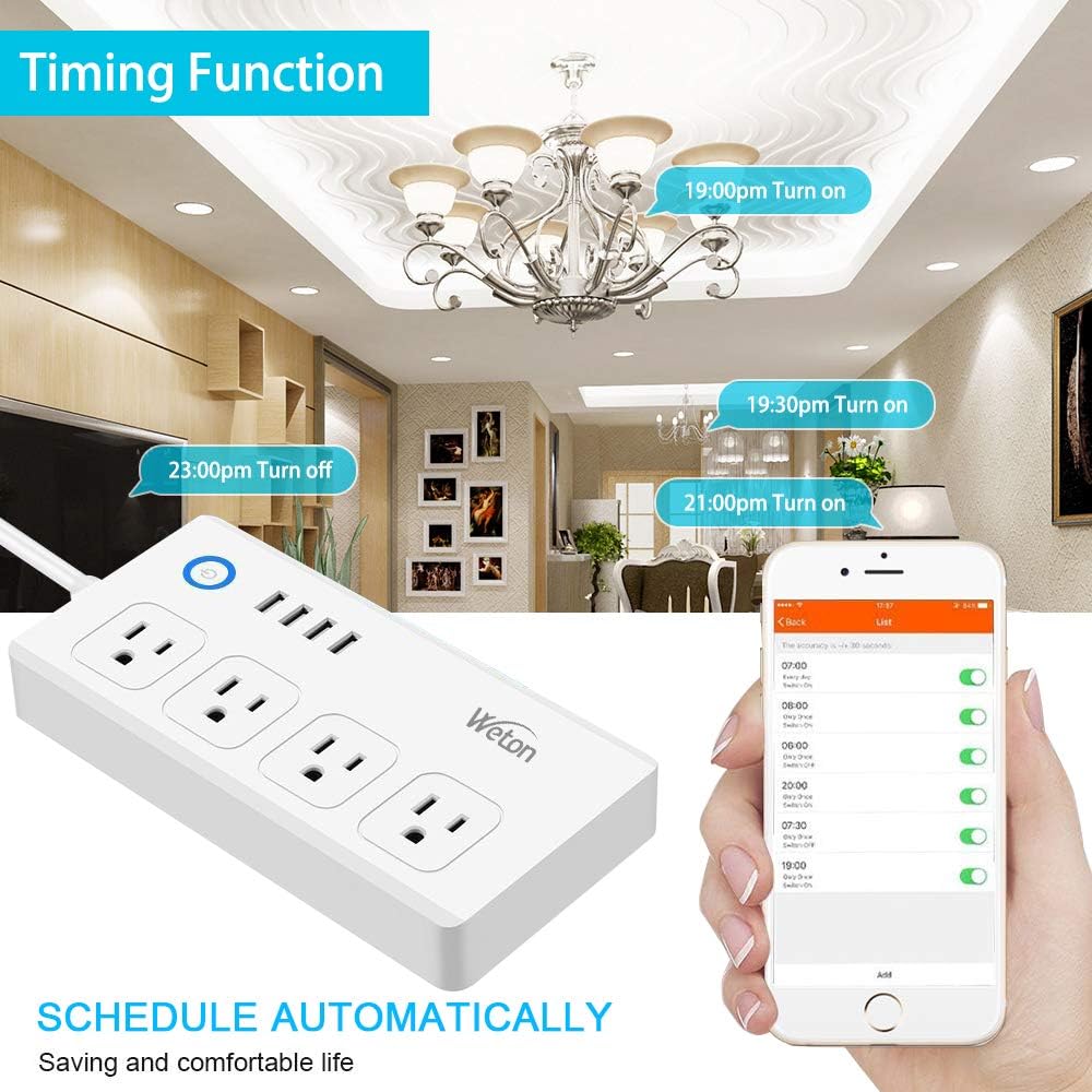 WiFi Smart Power Strip Socket with Alexa,Weton Wireless Multi-Plug Timer Switch Power Strip Surge Protector with 4 AC Outlets 4 USB Port Remote Control Via Free App for IOS/Android Smart Phone/Tablets