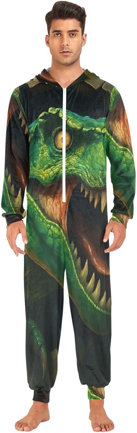 GAIREG Fierce Green Dinosaur Onesie Pjs Mens Womens, Warm Hooded One-Piece Pajamas