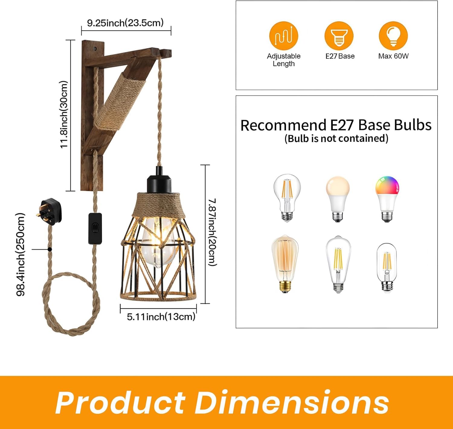 KEESFU Plug-in Wall Lights Set of 2, Wall Sconces for Bedroom with Metal Cage & Wooden Bracket - Image 4
