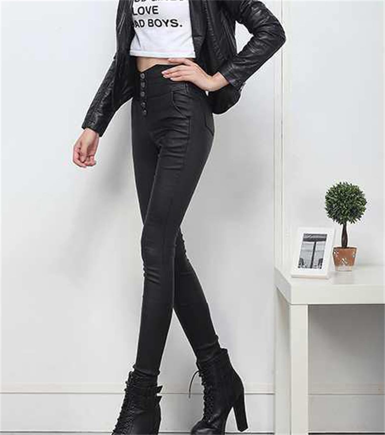 Damen Hohe Taille Skinny Slim Fit Dehnbar Kunstleder Look Leggings Yoga Denim Hose Verdickt, Black 2, M