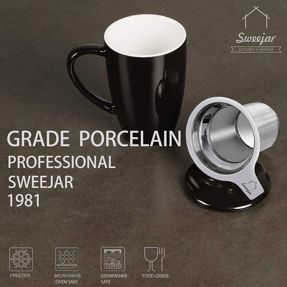 Sweejar Porcelain Tea Infuser Mug with Lid, 16 oz Teacup with Strainers for Loose Leaf Tea, Microwave and Dishwasher Safe Coffee Mug(Black) - Image 3