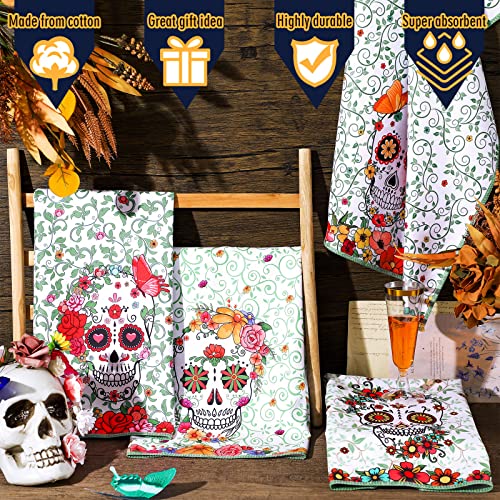 4 Pack Halloween Kitchen Towel Set, Skull Vine Dish Towels For Kitchen, Sugar Skulls Kitchen Towels Absorbent Reusable Cleaning Kitchen Towels Decorative Set, Kitchen Towel Terrycloth For Kitchen #TOP3