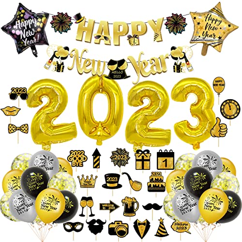 Décorations fête du Nouvel An 2023, décorations fête du Nouvel An, bannières du Nouvel An, ballons 2023 32" , ballons en aluminium en forme étoile, ballons à confettis en latex, accessoires fête NYE Cover