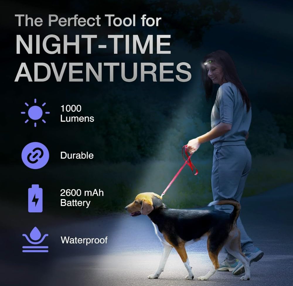 Lampe frontale rechargeable de 1000 lumens, lampes frontales réglables pour adultes, rechargeable avec batterie 2600 mAh, USB-C, étanche, pour la marche, le camping, la randonnée, double