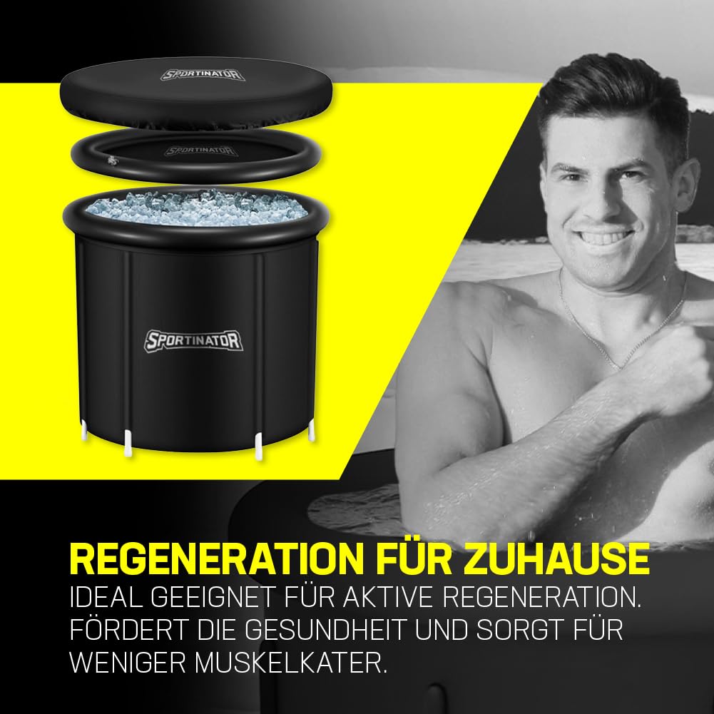SPORTINATOR Regenerate Eisbad Tonne Ø 80 cm | 400 L | Kältetherapie & Regeneration | 5-Schichten-Gewebe | inkl. Zubehör Komplett-Set, Thermometer & Abflussschlauch (Schwarz)