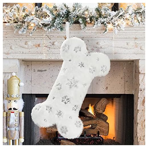 Senneny Snowy White Plush Pet Dog Christmas Stocking, Silver Snowflake Sequin Dog Christmas Stockings Large Bone Shape Faux Fur, Hanging Christmas Holiday Season Party Decor for Pets Dogs