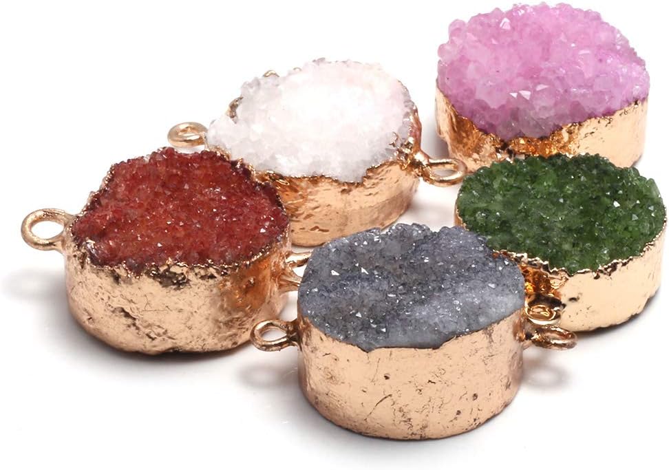 LHJ 5Pcs Natural Stone Connectors Round Druzy Geode Agate Pendant Charms for Jewelry Making Craft Necklace - Image 2