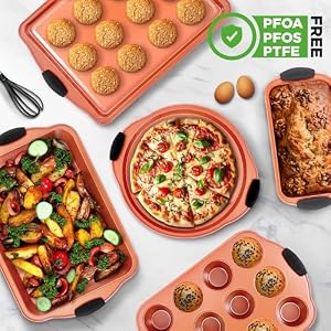 NutriChef 10-Piece Nonstick Baking Pan Set - Premium Carbon Steel Bakeware with Silicone Handles, Baking Pans, Pizza Pan, Square Pan, Loaf Pan, Cookie Sheet, Round Pan, 12/24 Cup Muffin Pan (Copper) NutriChef 10 Piece Nonstick Baking Pan Set Premium Carbon Steel Bakeware with Silicone Handles Baking Pans Pizza Pan Square Pan Loaf Pan Cookie Sheet Round Pan 1224 Cup Muffin Pan Copper