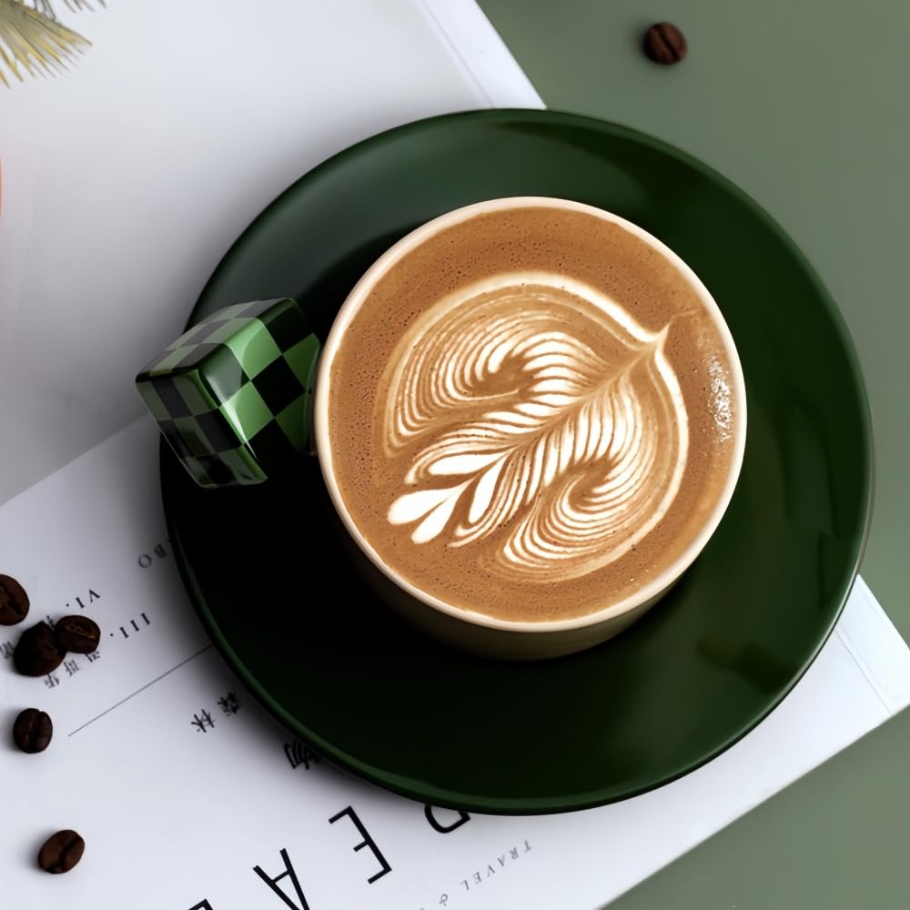 DOIAESKV Coffee Mug Ceramics 10 OZ, Latte Art Cup Tea Cup With With Colorful Cube Handle,Reusable Water Bottle Breakfast Cup For Drinking (Green)