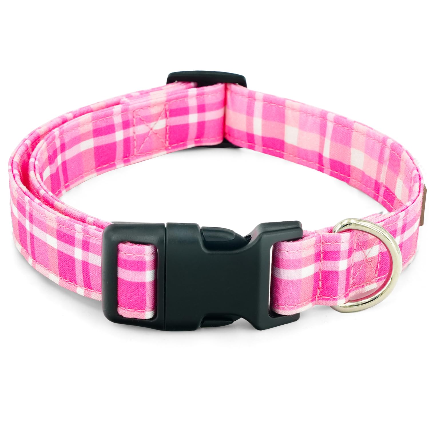 Tunkoo Pink Plaid Dog Collar, Cute Adjustable Premium Cotton Collar Durable Plastic Buckle for Small Medium Large Boys Girls Dogs, S