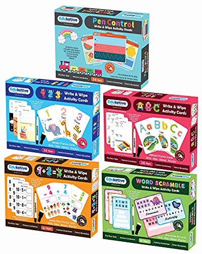 Image of (Combo of 5) Pen Control+Numbers+PREMATH+Letters+Words Write & Wipe Reusable Activities Educational Games with Exercise Book