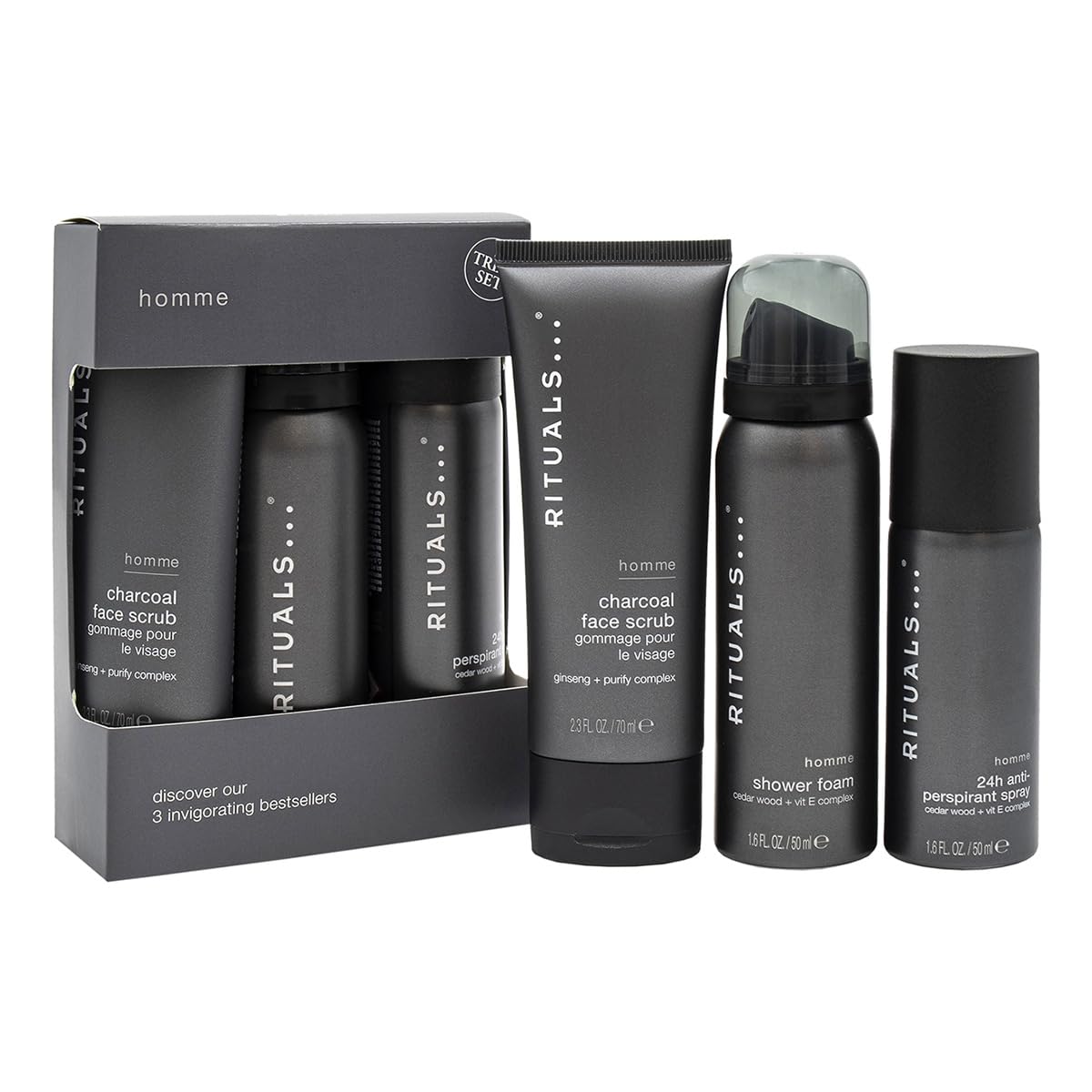 Rituals Homme Gift Set, Shower Foam 50 ml, Antiperspirant Spray 50 ml, Charcoal Face Scrub 70 ml, Cedar Wood & Vitamin E Complex, 3-Piece