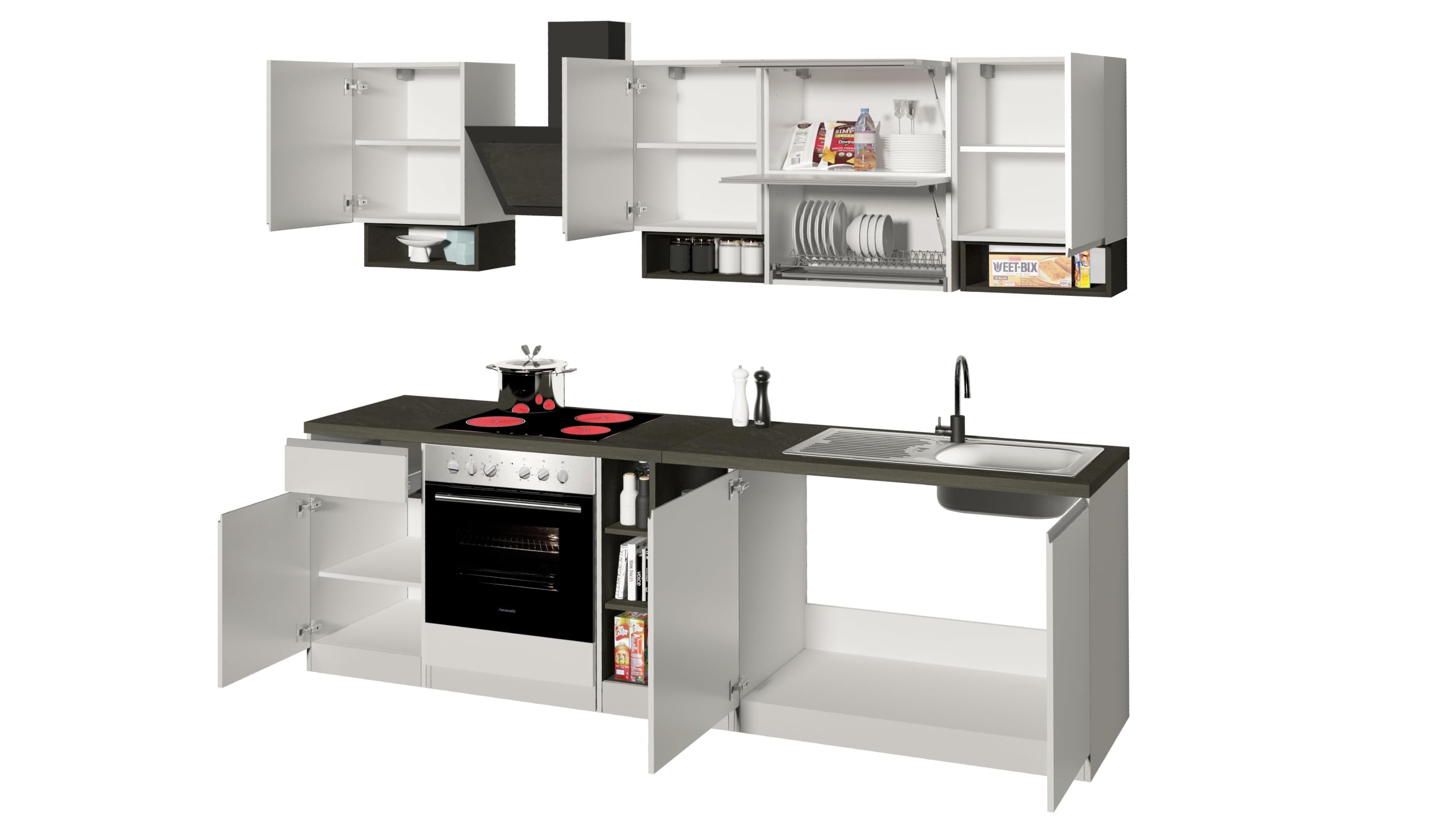 Generico Composizione Modulare da Soggiorno, 255x60x85.5 cm, Bianco laccato lucido/Bianco opaco/Report, Nobilitato e vetro e metallo, Modello SOLE, Design Moderno Made in Italy