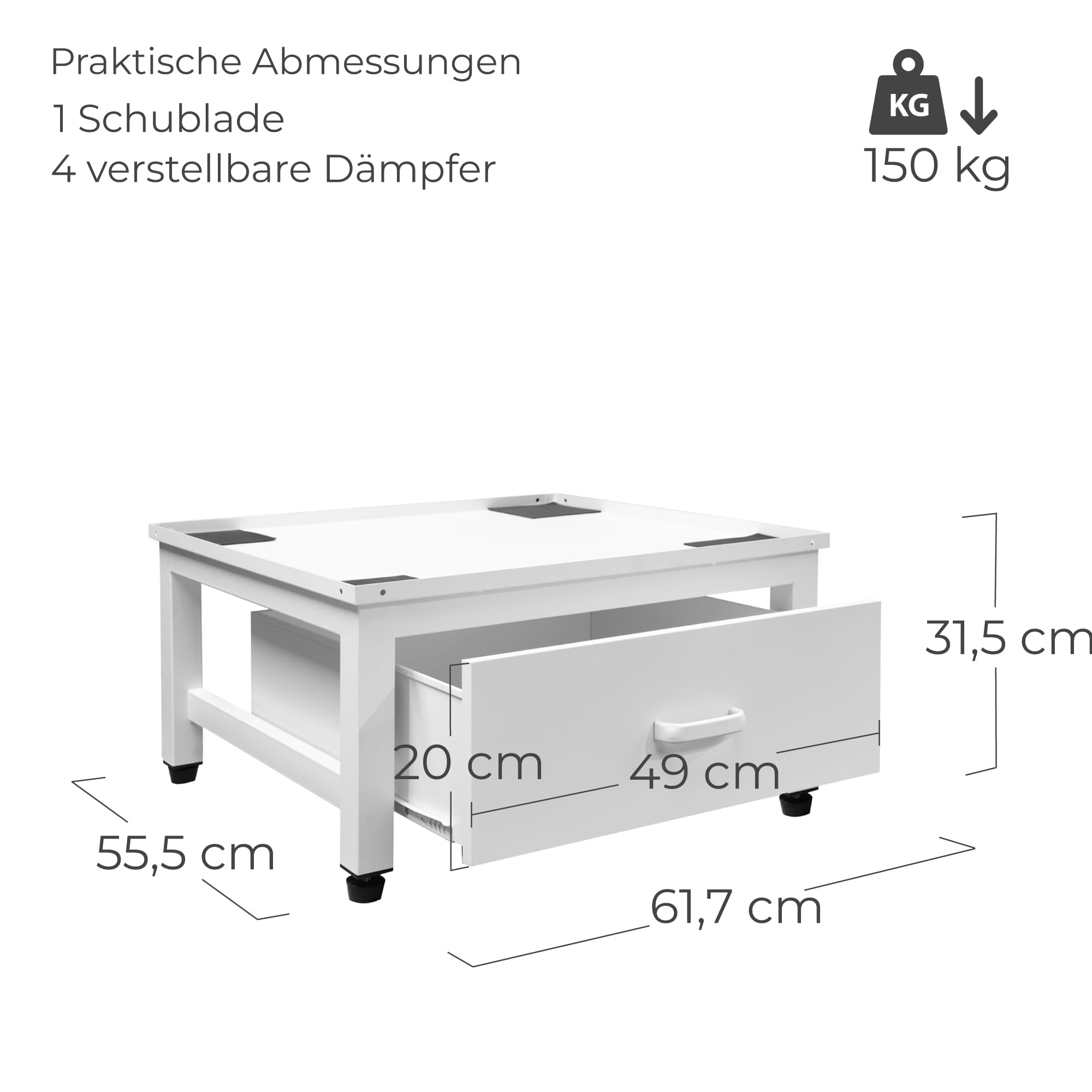 osoltus Waschmaschinen Untergestell lackierter Metall Sockel | Erhöhung für Waschmaschine oder Trockner mit höhenverstellbaren Schwingungsdämpfer Soft Stand 150kg Tragkraft | hochwertige Schublade