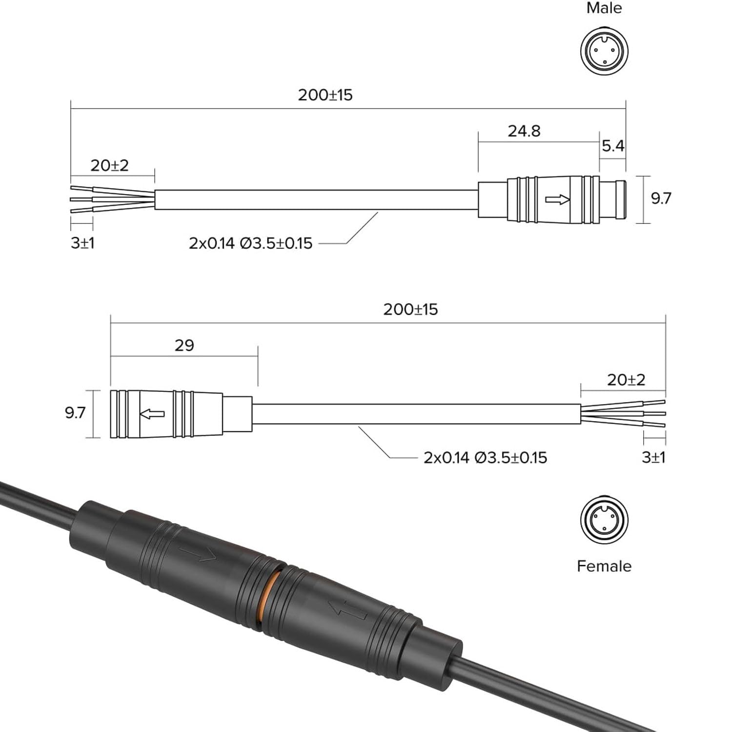 5 par wodoodpornych Julet 3-pinowe złącze przedłużające do rowerów elektrycznych męski i żeński przewód wtykowy, 3-pinowe złącze kabla do oświetlenia roweru elektrycznego, projekty rowerowe DIY