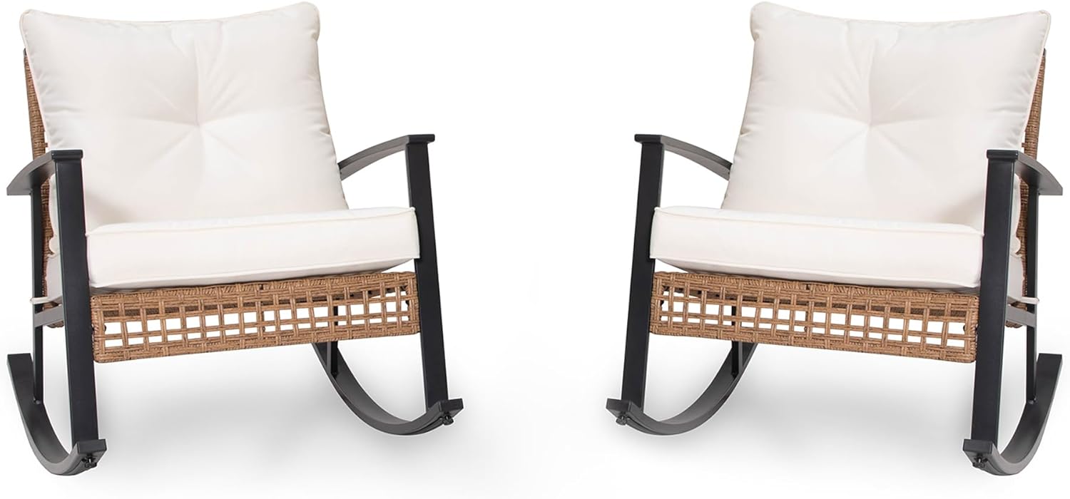 LAUSAINT HOME Wicker Rocking Chair Set of 2, Oversized Patio Chair Comfy Rocker Chair with Thick Cushion, Modern Cozy Lounge Chair for Living Room,Bedroom(Beige)