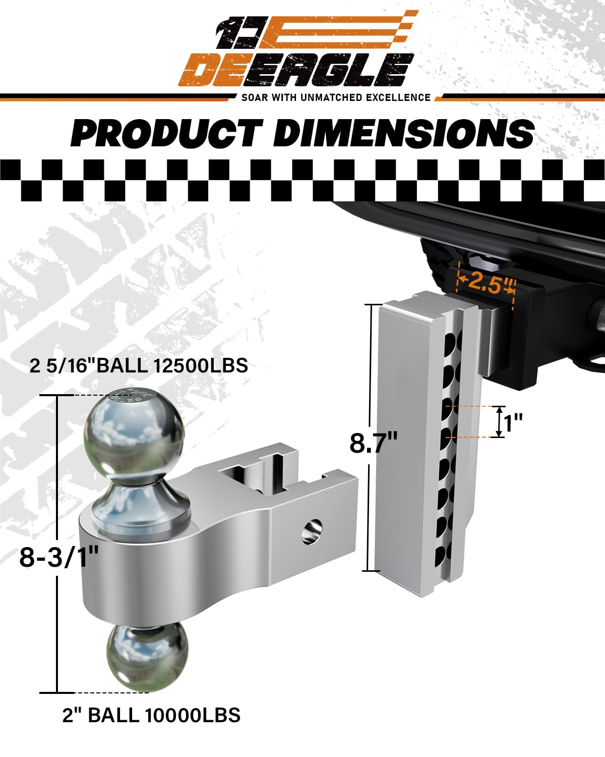 Adjustable Trailer Hitch Ball Mount, Fits 2 & 2.5 inch Receiver, 6 inch Drop/Rise Aluminum Drop Hitch, 12500LBS GTW, 2” & 2-5/16” Dual Ball, Tow Hitch for Truck with Pin Locks, Hitch Tightener