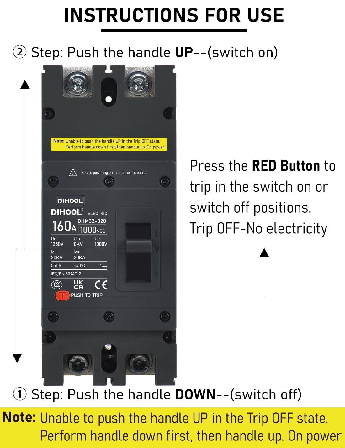 DIHOOL 160 Amp DC Circuit Breaker,2P 1000V 20kA Breaking Capacity Battery Disconnect Switch with Thermal Magnetic Trip for Solar, UPS, Battery