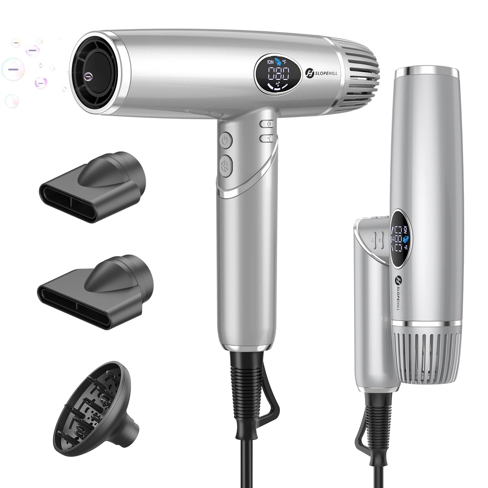 Hair Dryer, slopehill Professional Foldable Blow Dryer, Ionic Hairdryer, High-Speed Blowdryer for Fast Drying, Portable Compact for Travel, Magnetic Diffuser & Nozzle, LCD Display
