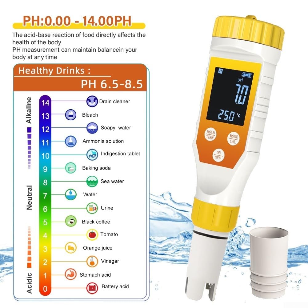 Tester per idrogeno 7 in 1 con retroilluminazione per pH ORP Salinità e misurazione della temperatura Misuratore digitale accurato per succhi di acqua filtrata e bevande Kit di test
