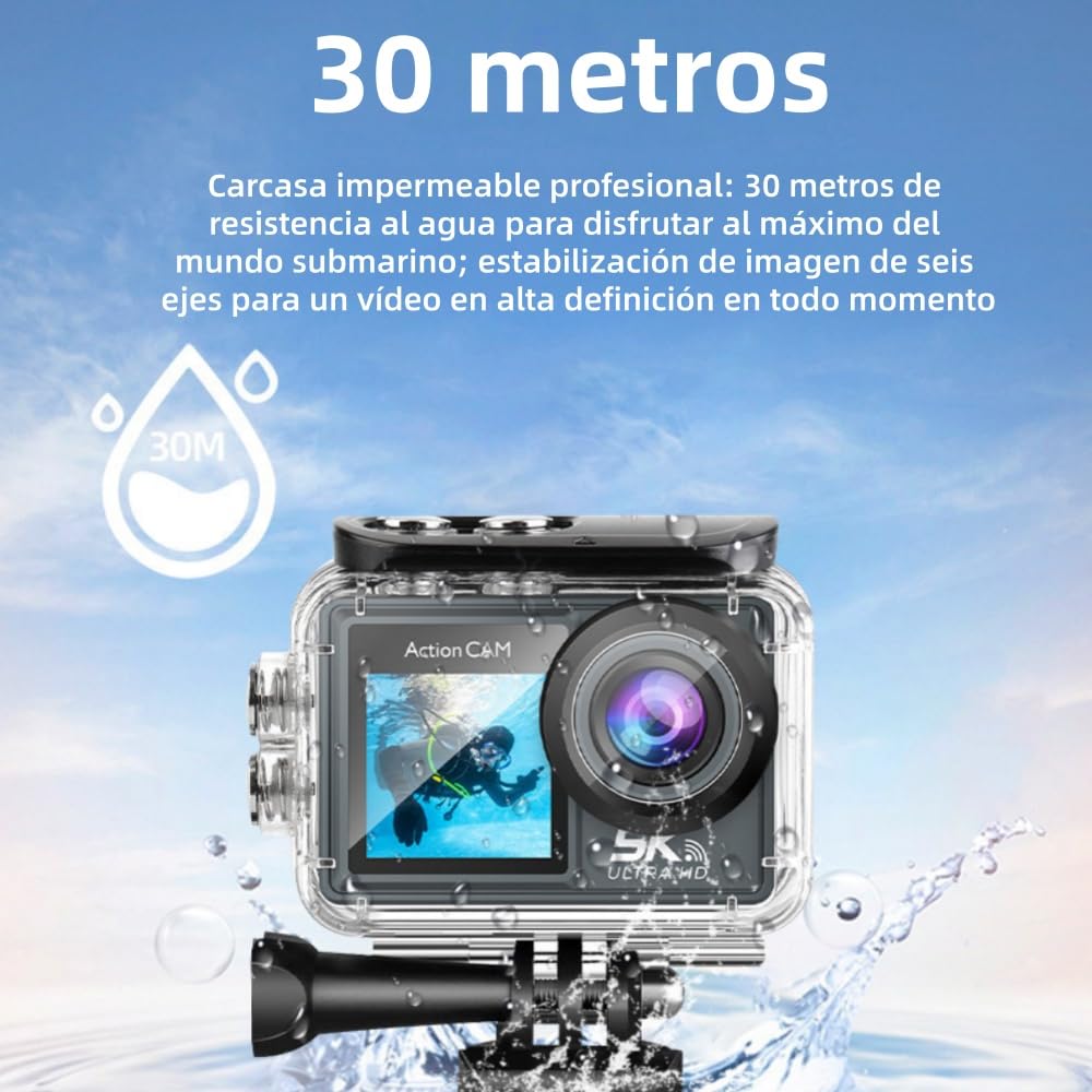 MEIION kersens Camara accion Doble Pantalla Tarjeta de Memoria de 32 GB, 48MP WiFi, 170° Gran Angular Full HD EIS, 30m Impermeable para Bicicleta, Buceo y Moto
