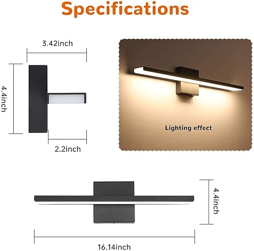 Miniatura 3 de JUSHENG Lámparas de tocador de baño de 16 pulgadas de largo modernas lámparas de pared de aluminio negro mate para espejo de baño, lámpara de