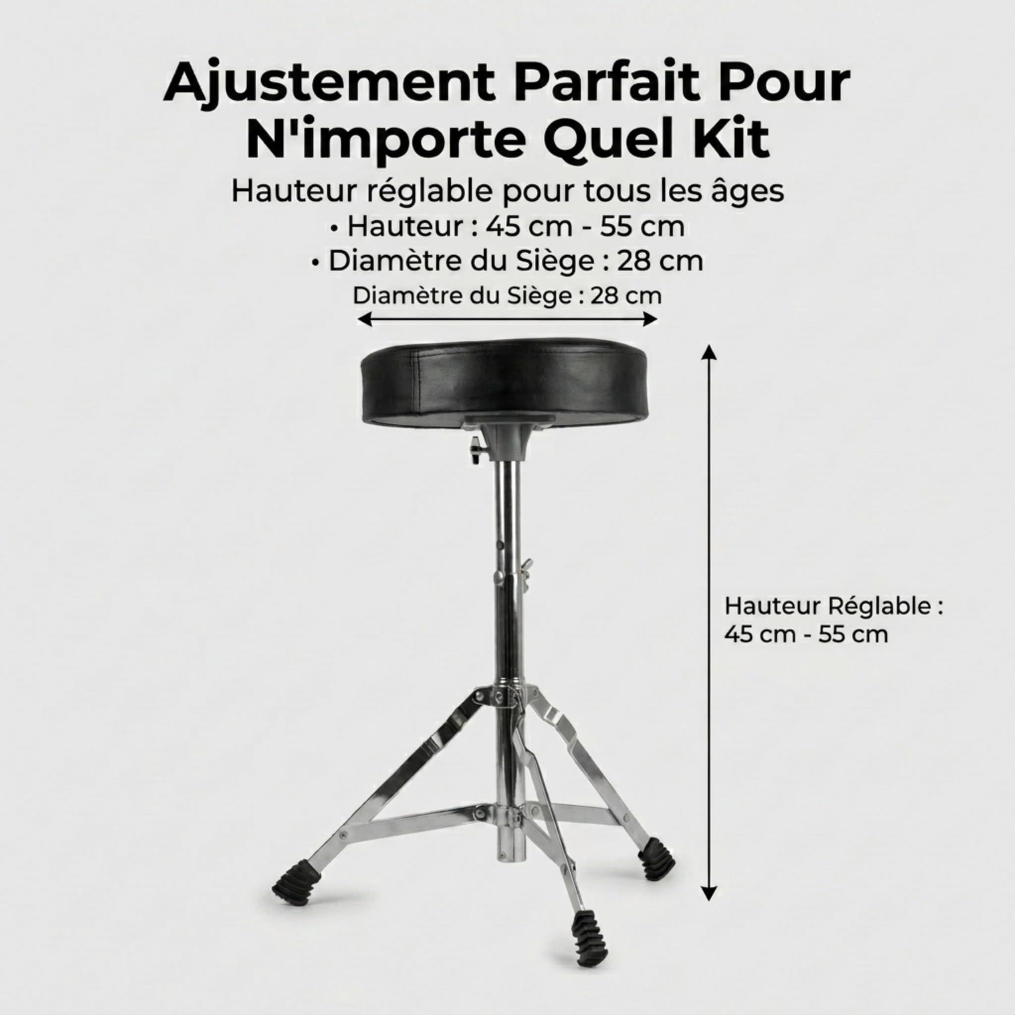 RockJam Tabouret de Batterie Réglable Pivotant Rembourré, Noir | Siège de batteur réglable 45-55 cm, assise pivotante rembourrée 28 cm, pliant, pour batteries acoustiques et électroniques