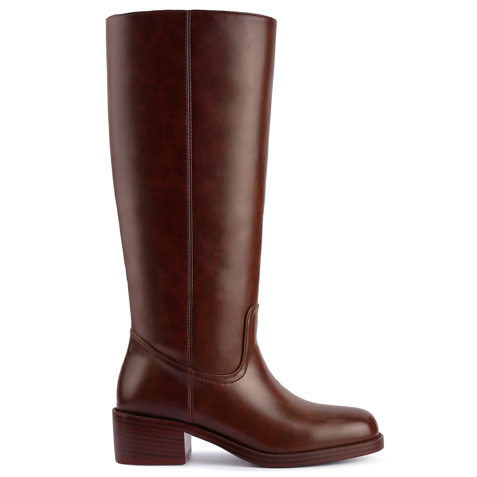 Gothictor Women's Banana Knee High Boots Square Toe Chunky Block Heel Comfortable Low Heel Pull on Wide Calf Riding Long Boots for Women