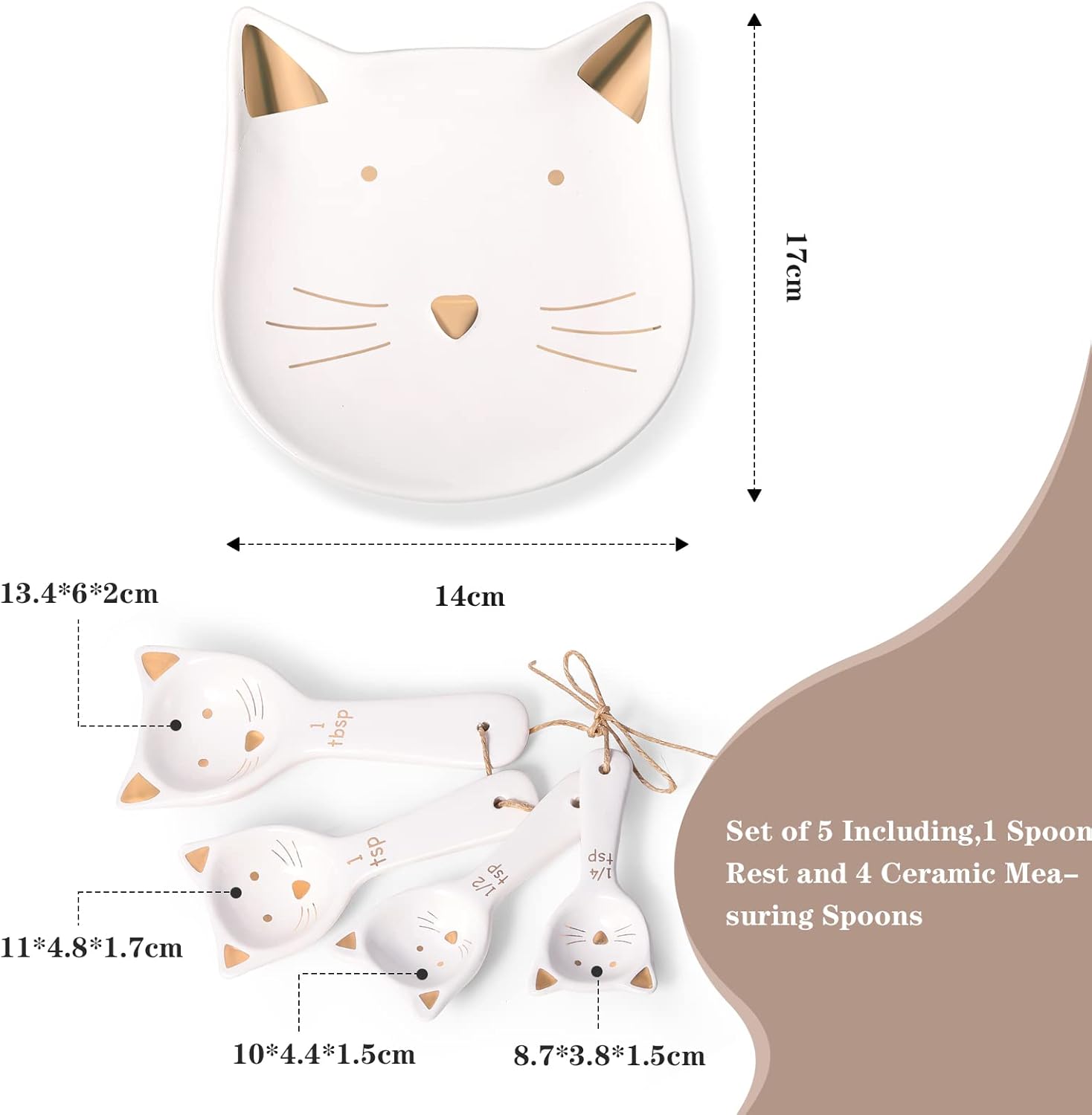 Patelai 5 Pcs Cat Measuring Spoons Set Kitchen Ceramic Counter Cat Ceramic Soup Spoon for Christmas Women Gift(White)