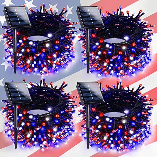 4th of July Decorations Outdoor, 4pk Red White and Blue Solar String Lights, 400LED 132FT LED Patriotic Light Waterproof, Solar Fairy Twinkle Light for Independence Day Yard Garden Tree Decorations