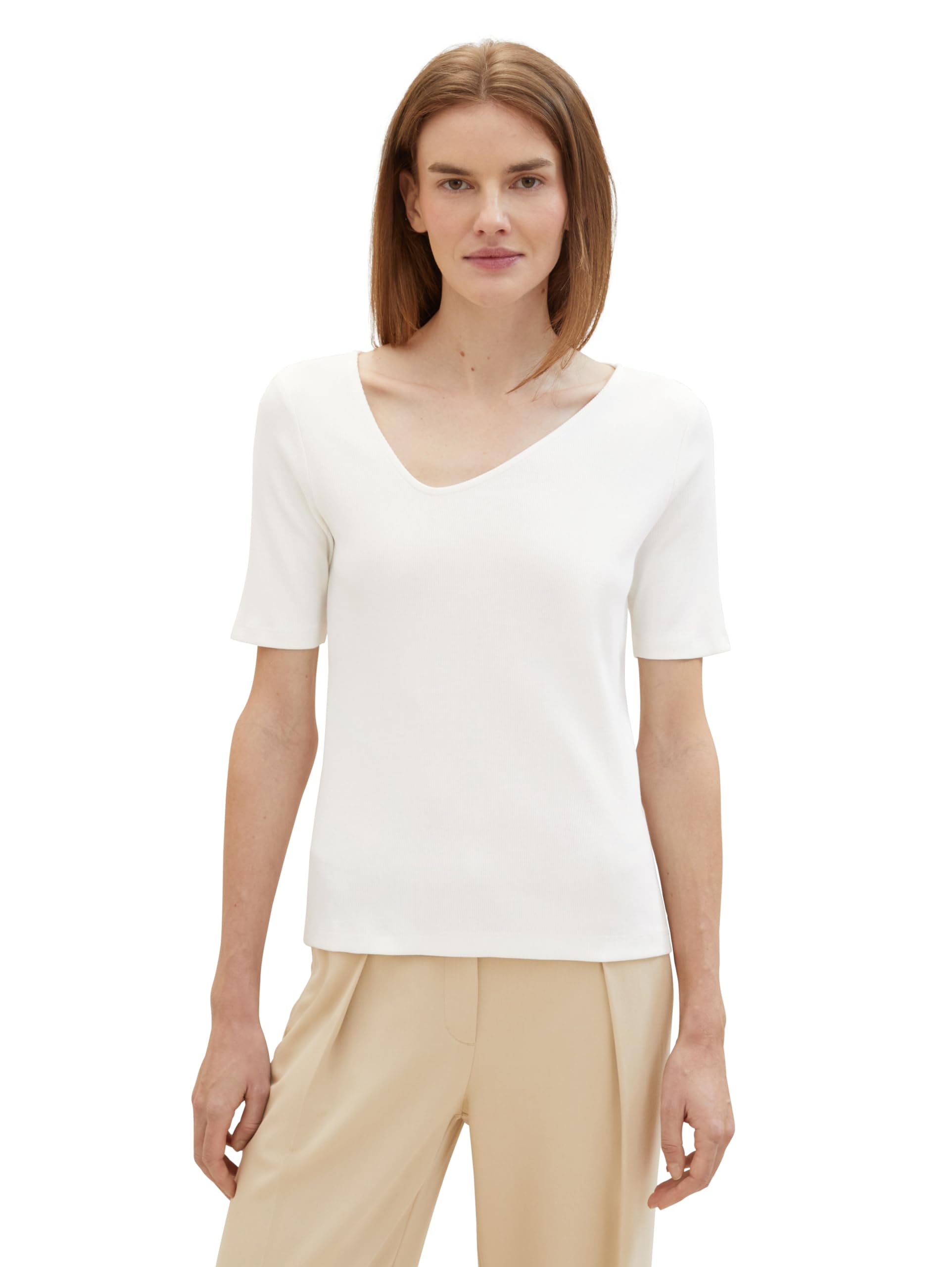 TOM TAILOR Damen Basic T-Shirt mit einem asymetrischen Ausschnitt, 10315 - Whisper White, M