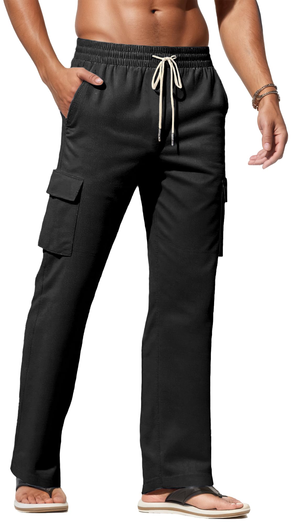 SEAUR Mens Linen Pants Casual Baggy Jogging Pants Straight-Legs Drawstring Waist Beach Trousers