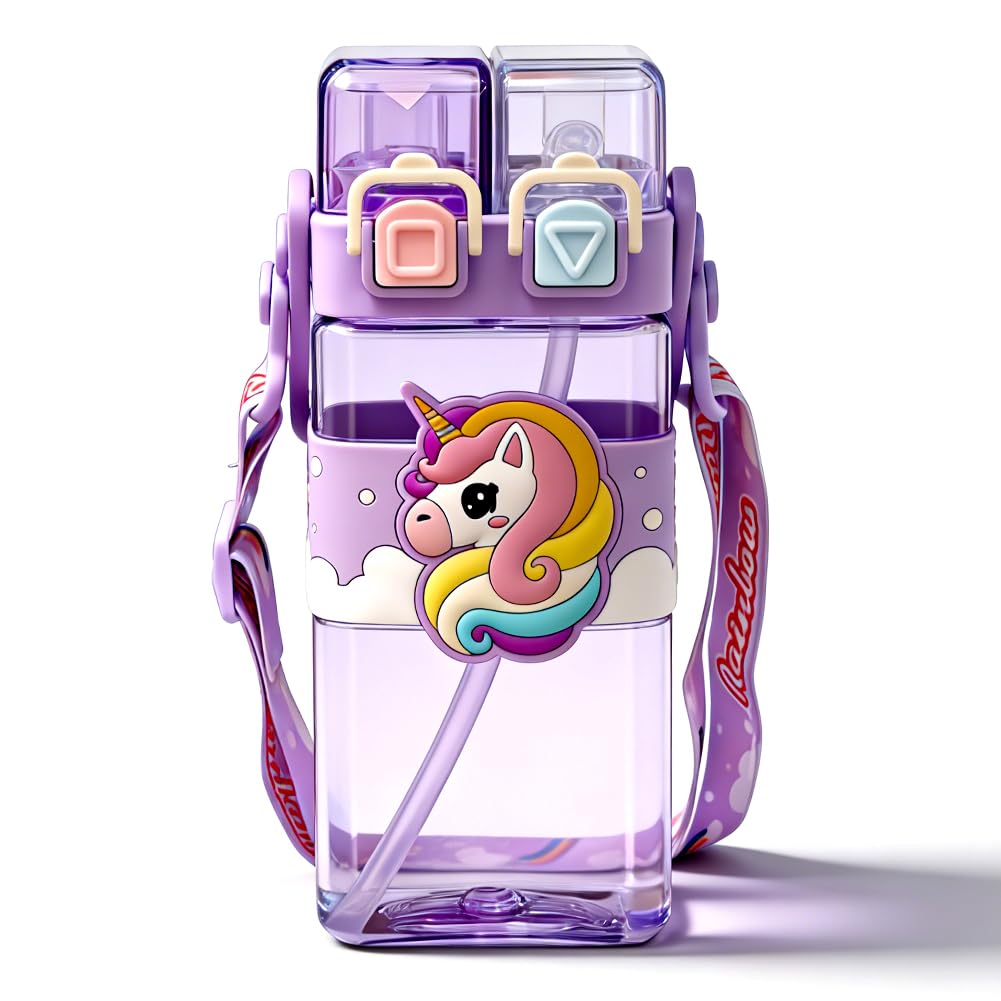 Hatfryf H Atfryf Unicorn Water Bottle Wit Straw, Unicorn Drinking Bottle Water Bottle Bottles Wit Straw And Adjustable Strap Double Drinking Leakproof Sports Bottles For School - 520Ml