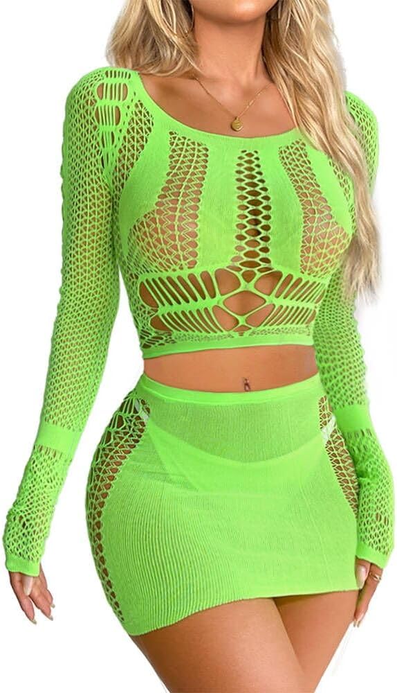 Buitifo Women Lingerie Set Sexy Mesh Two Piece Sets Long Sleeve Tops and Bodycon Skirts Sleepwear Nightwear Set