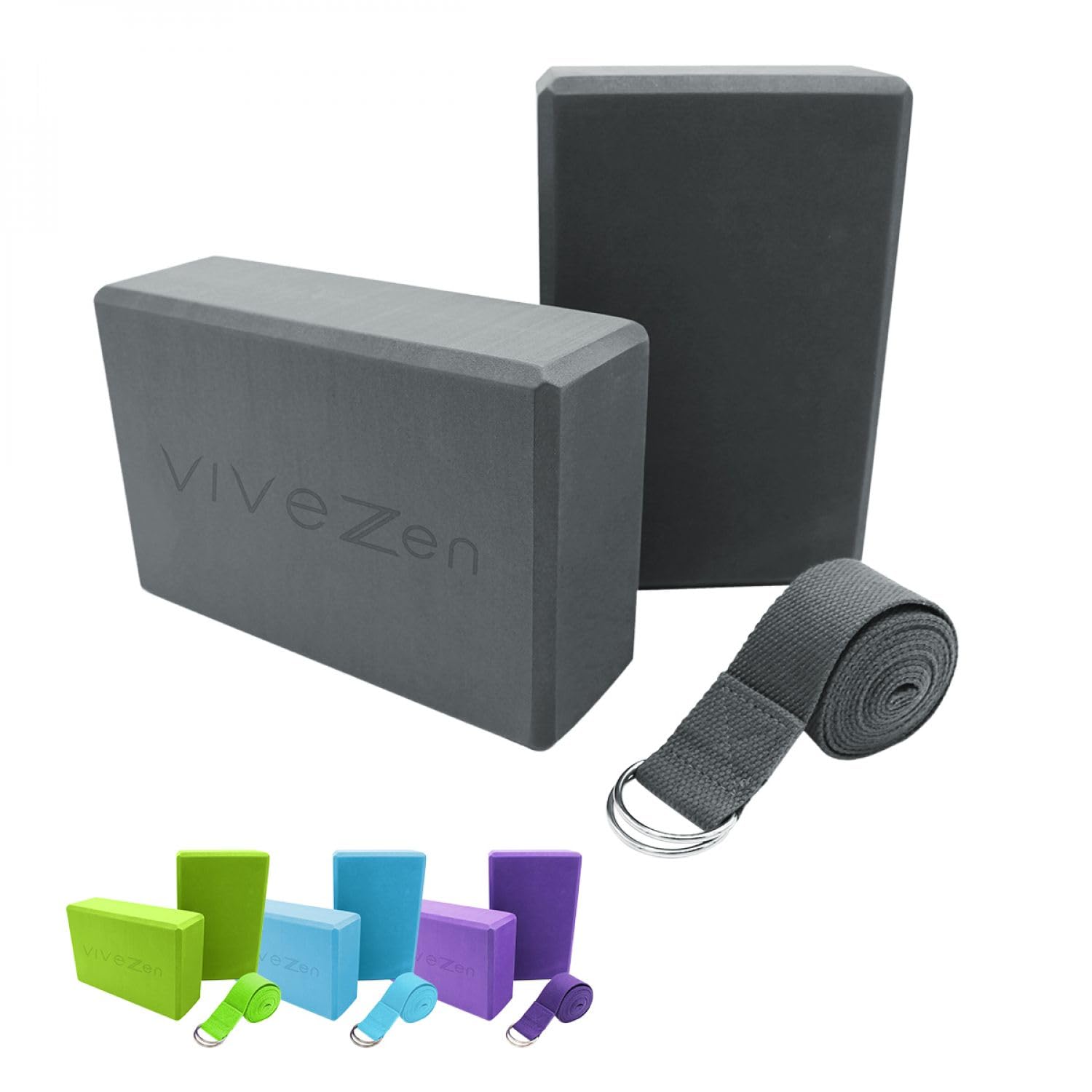 Vivezen - Lot de 2 Briques de Yoga 23 x 15 x 7,​5 cm et Sangle de Yoga 183 x 3,​8 cm - EVA - 4 Coloris