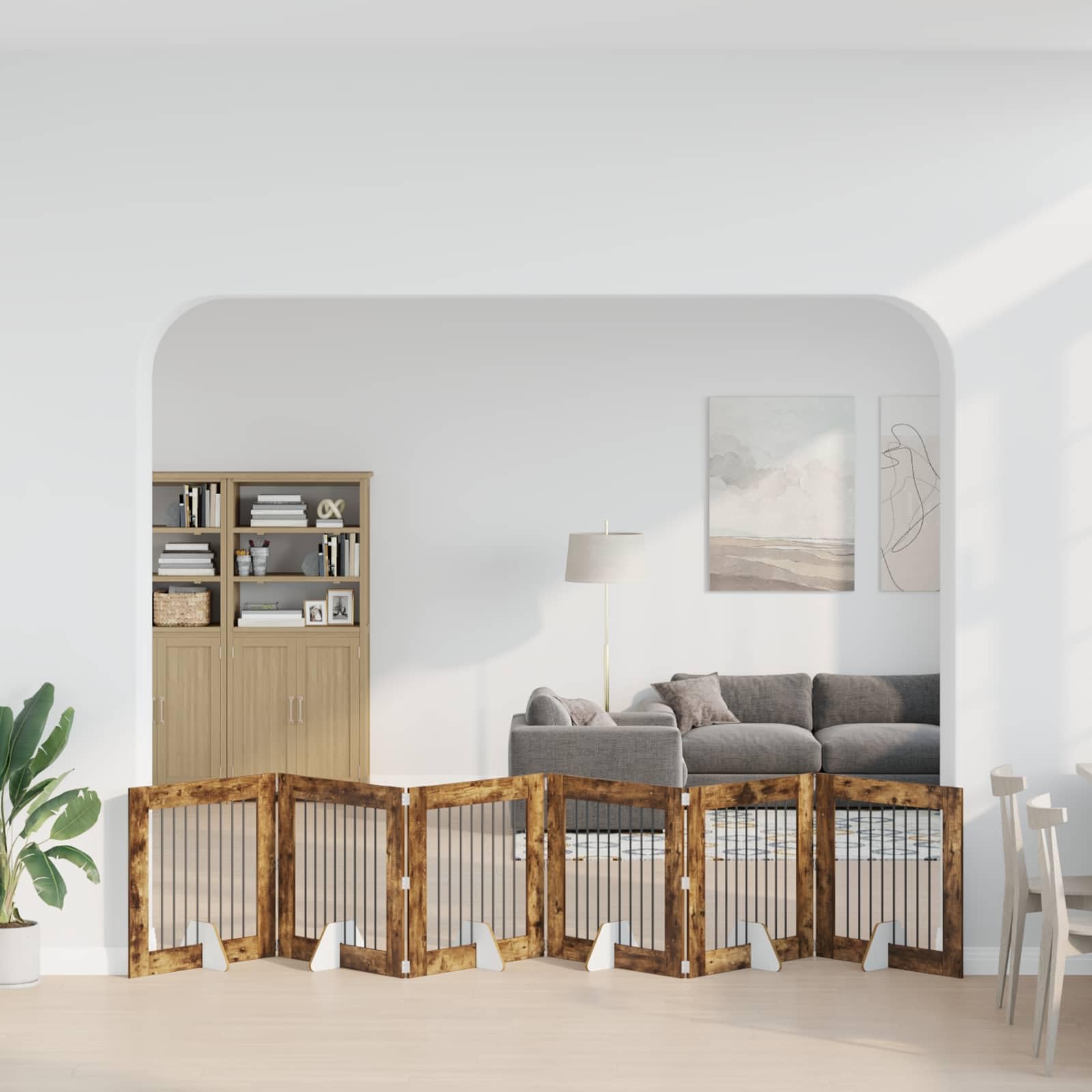 Puerta para perros con soporte de madera de roble ahumado, 6 piezas, 80 x 80 cm, plegable, para interior, protección segura para cachorros y perros en el salón