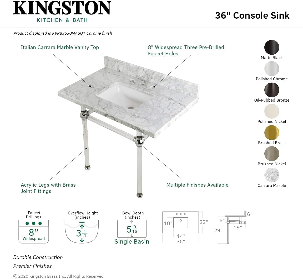 Kingston Brass KVPB3630MASQ7 36X22 Carrara Marble Vanity with Sink and Acrylic Feet Combo, Carrara Marble/Brushed Brass
