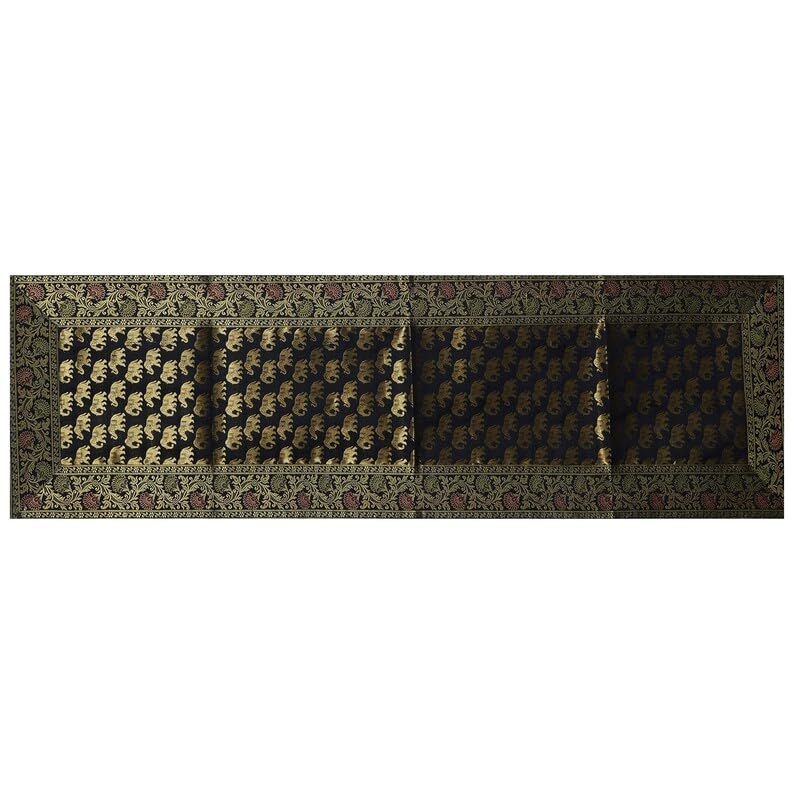 Image of Living Room Decor Handmade Banarasi Silk Table Runner for Center /Dining Table (16 x 60 Inches) (Heavy Zari Brocade ) (Black)