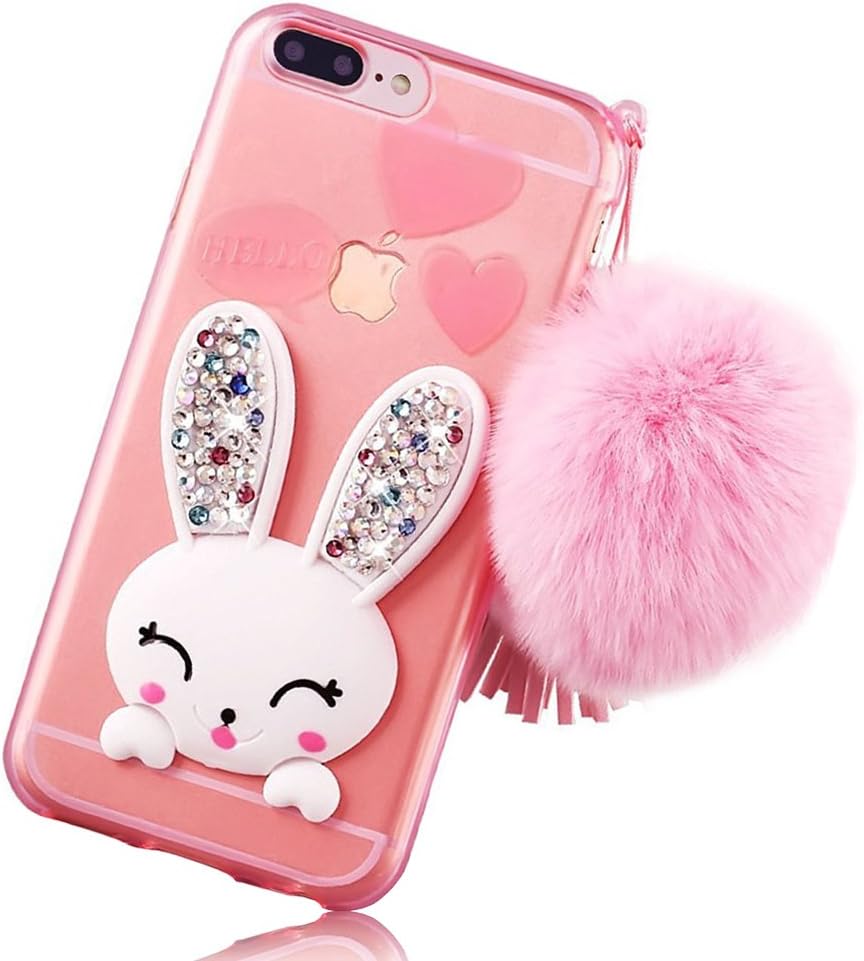 TPU case,OurLoveCat Slim Soft Transparent TPU Crystal Clear 3D Cute Cartoon Rabbit [Bling Diamond Silicon Ear] Case with Hairball Pompon Wrist Strap Wristlet For iPhone 7 Plus 5.5" Pink