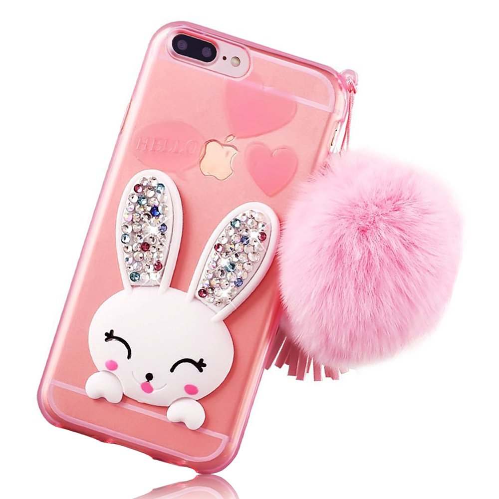 TPU case,OurLoveCat Slim Soft Transparent TPU Crystal Clear 3D Cute Cartoon Rabbit [Bling Diamond Silicon Ear] Case with Hairball Pompon Wrist Strap Wristlet For iPhone 7 Plus 5.5" Pink