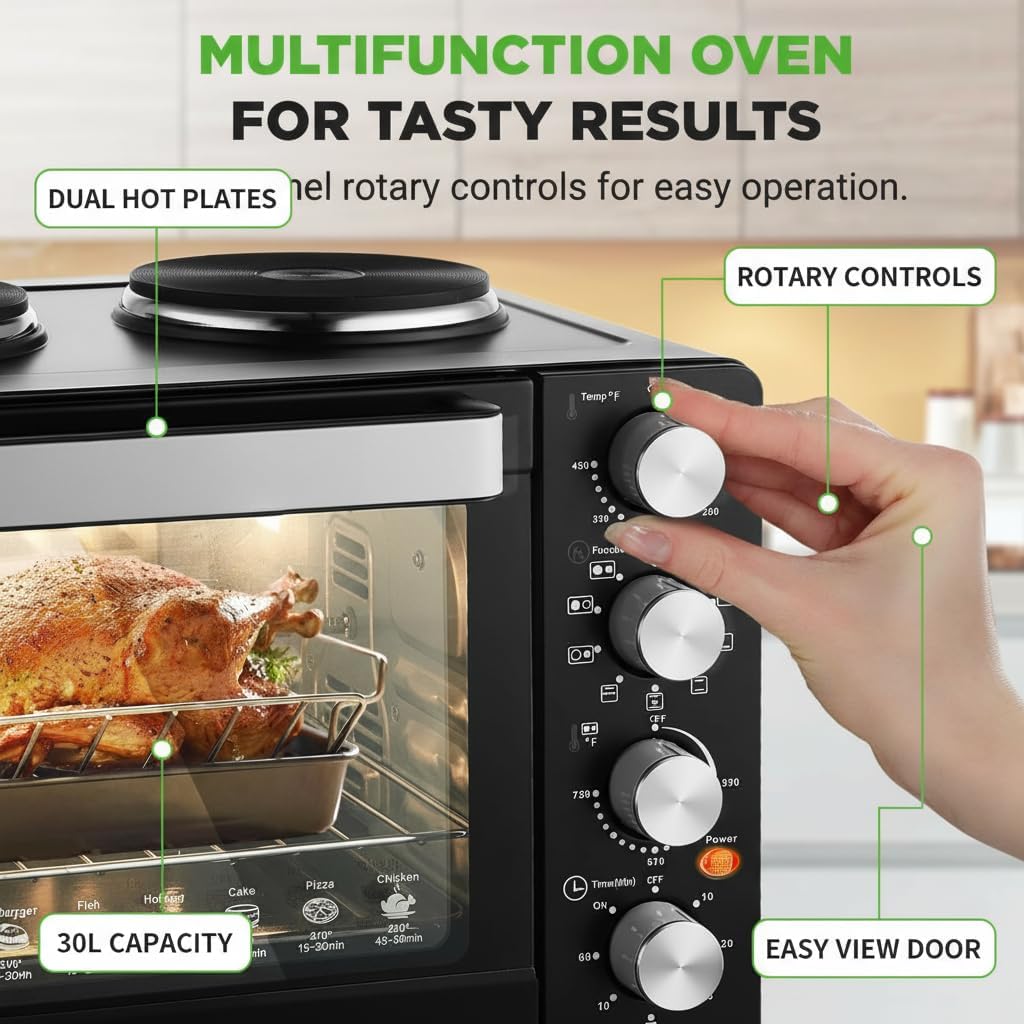 NutriChef 30 Quart Kitchen Convection Oven & 2 Burner Cooker - 1500 Watt Oven - 7 Cook Functions Rotisserie, Cook, Bake, Broil & More - Includes Baking Tray, Skewers & Handles - 19.6 x 16.0 x 13.5 IN
