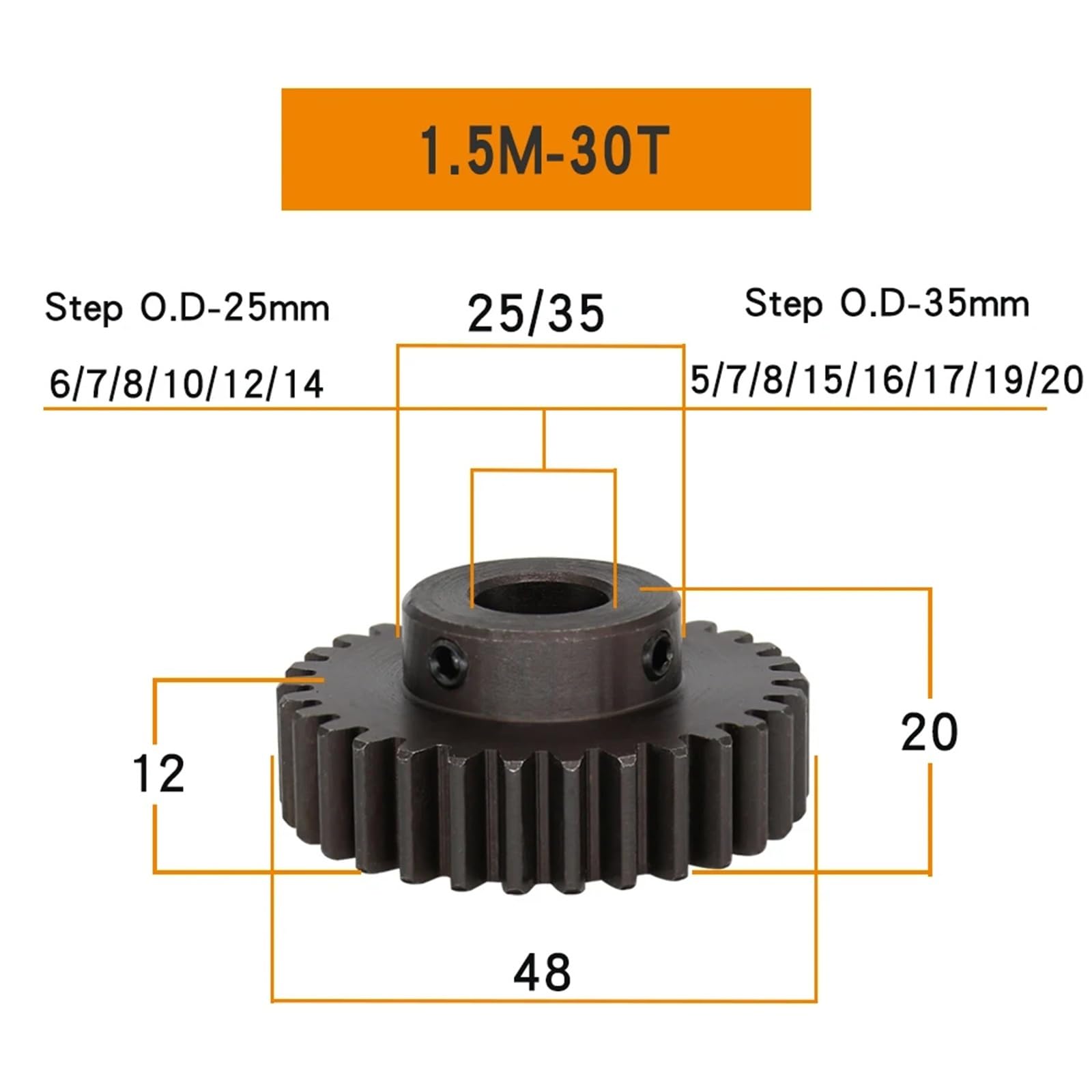 Engrenage droit 1,5M-30T, alésage 7/8-20 mm, dents, épaisseur 12 mm, acier au carbone, 1 pièce(8 mm,30T(Step O.D-25 mm))