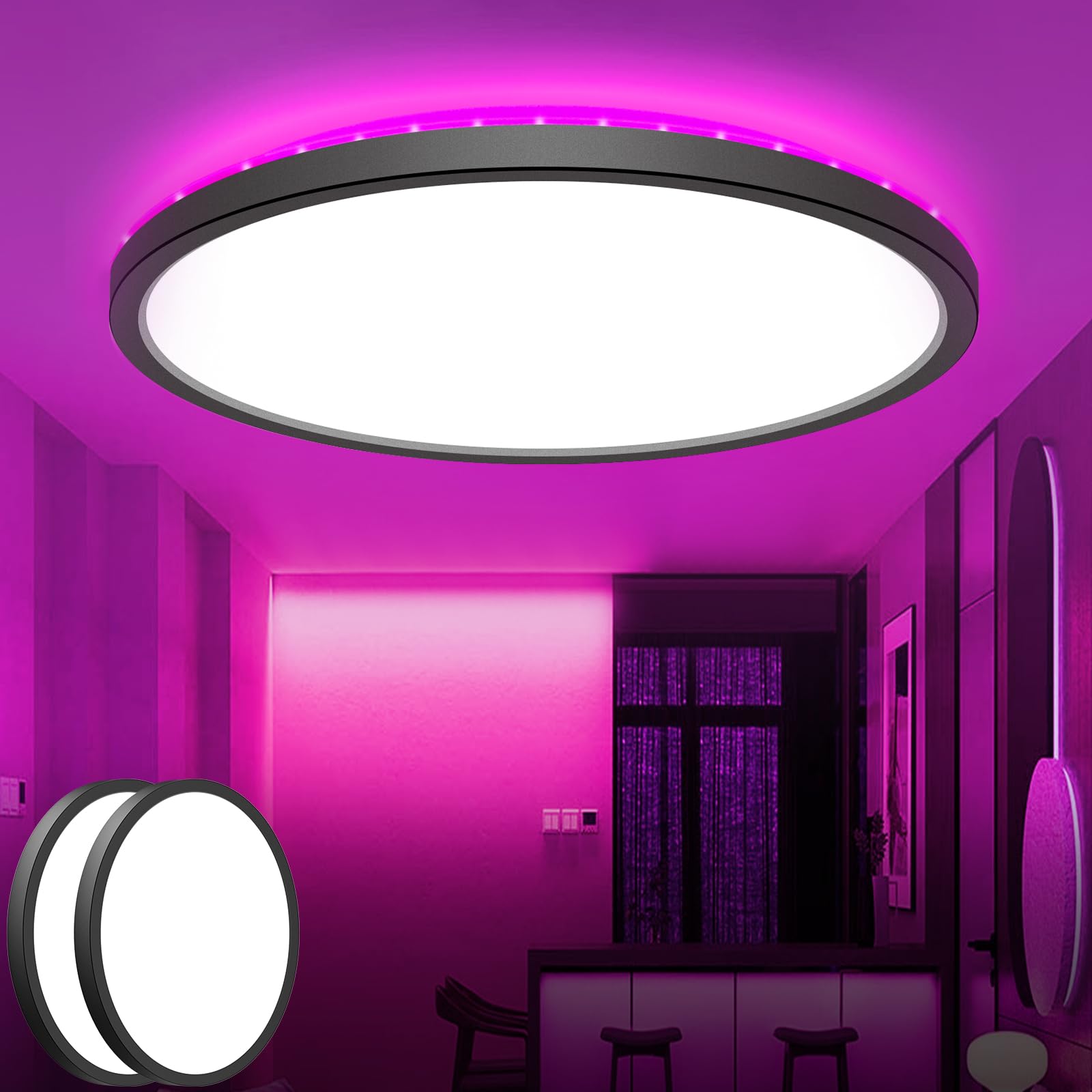 zemty 2 Stück 30CM LED Deckenleuchte Dimmbar, 24W 3200LM Deckenlampe Farbwechsel mit Fernbedienung, 3000K-6500K Wasserdicht badezimmerlampe Decke für Bad Kinderzimmer Schlafzimmer Schwarz