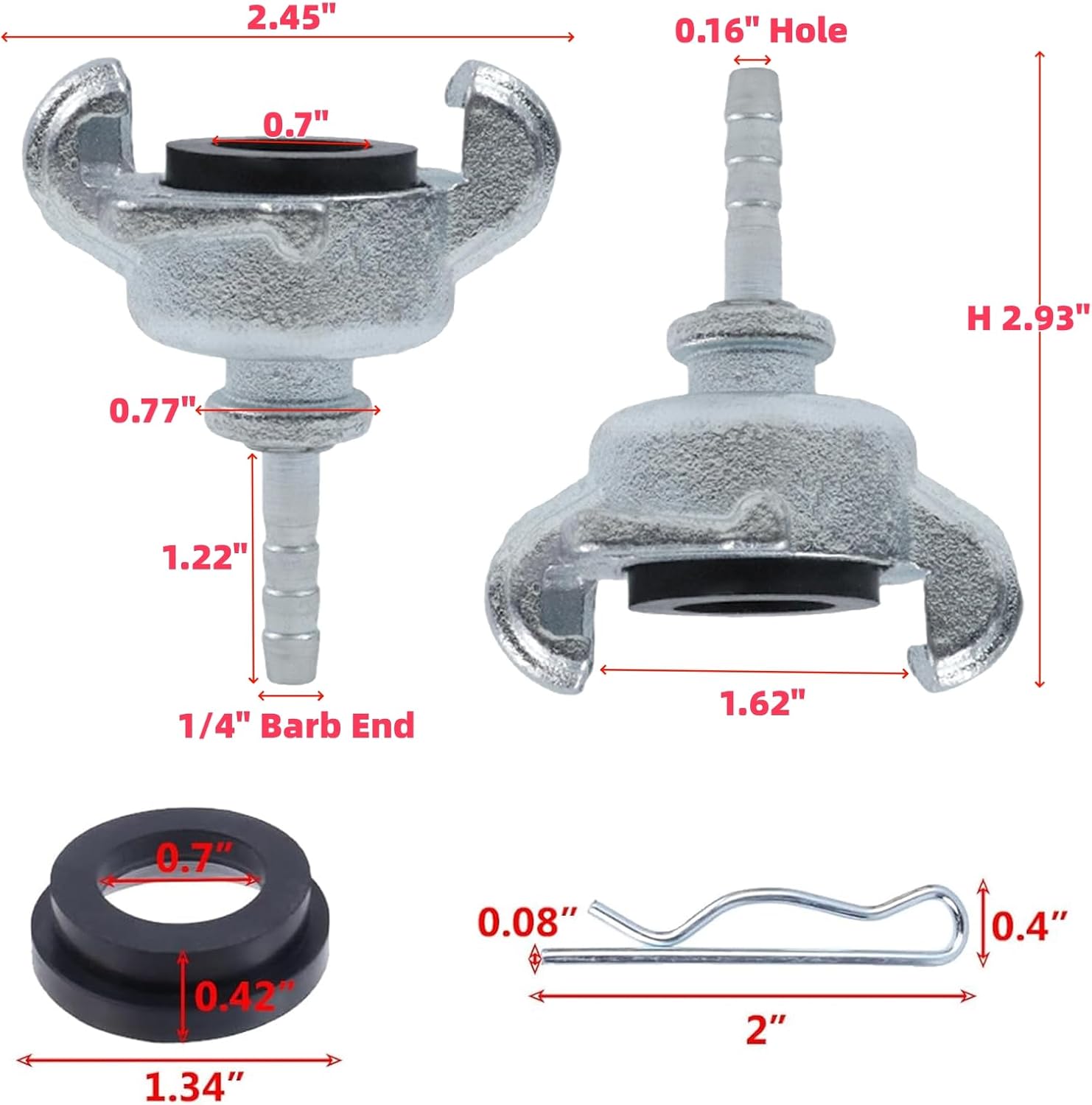 1/4 Inch Hose Barb Chicago Air Hose Fitting 4Pcs, Universal Coupling with 2 Lug, Male End, for Air Tools and Compressor, with Rubber Bushing & Locking Pins