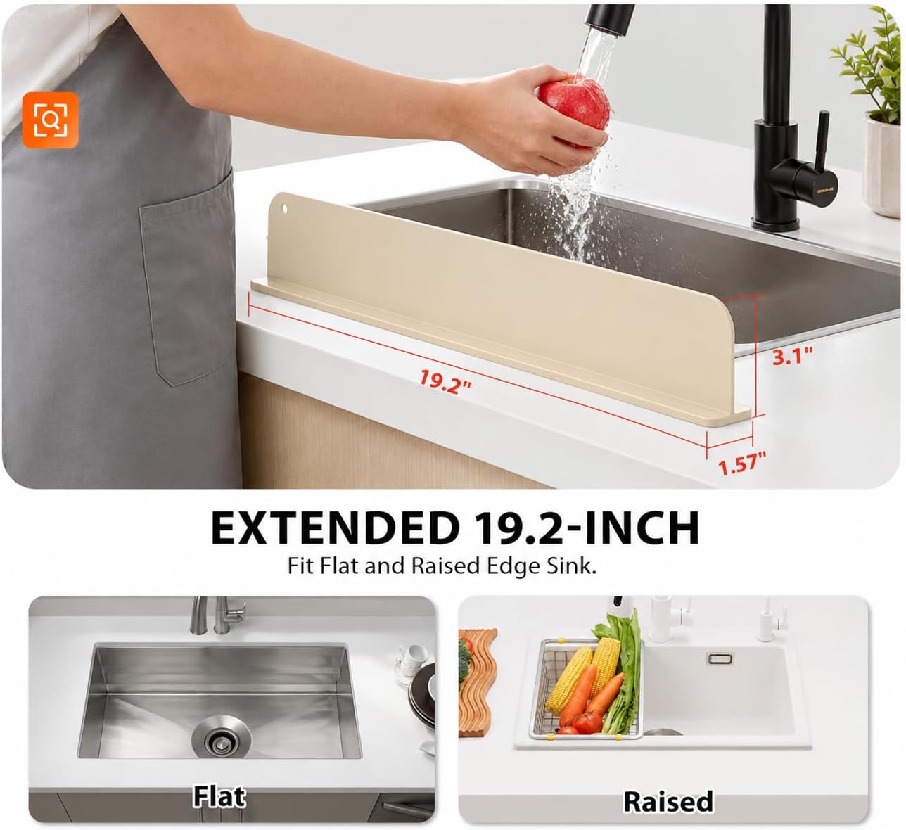 Silicone Sink Splash Guard, 19 Inch Faucet Baffle with Suction Cups, Ivory, for Kitchen Countertop and Bathroom Backsplash