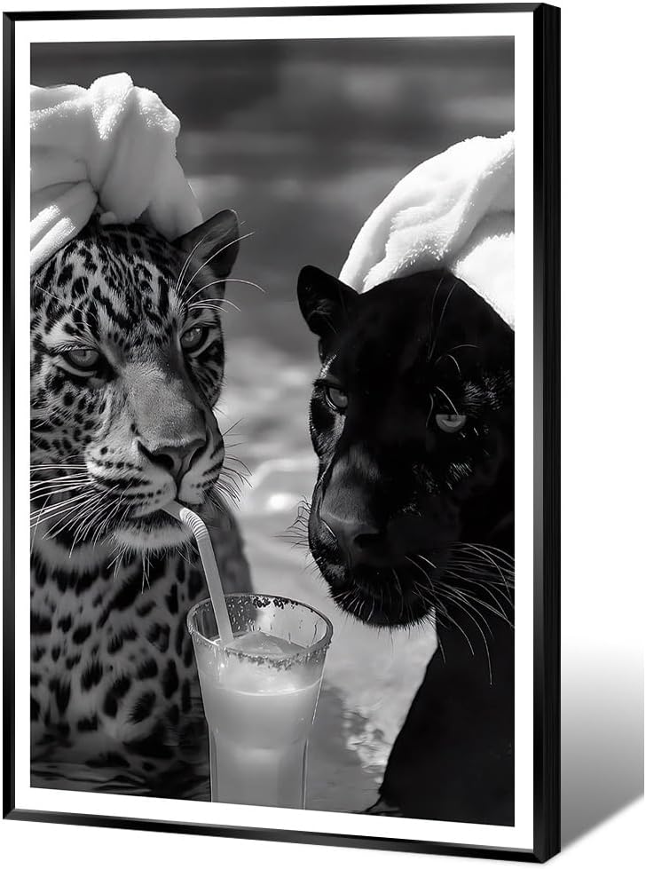 - Vintage Black and White Wall Art Posters Funny Cheetah Drink Cocktail Decor Fashion Panther Prints Pictures Funky Animal Photography Canvas for Bar Cart Bathroom Aesthetic 12x16in Metal Black Frame