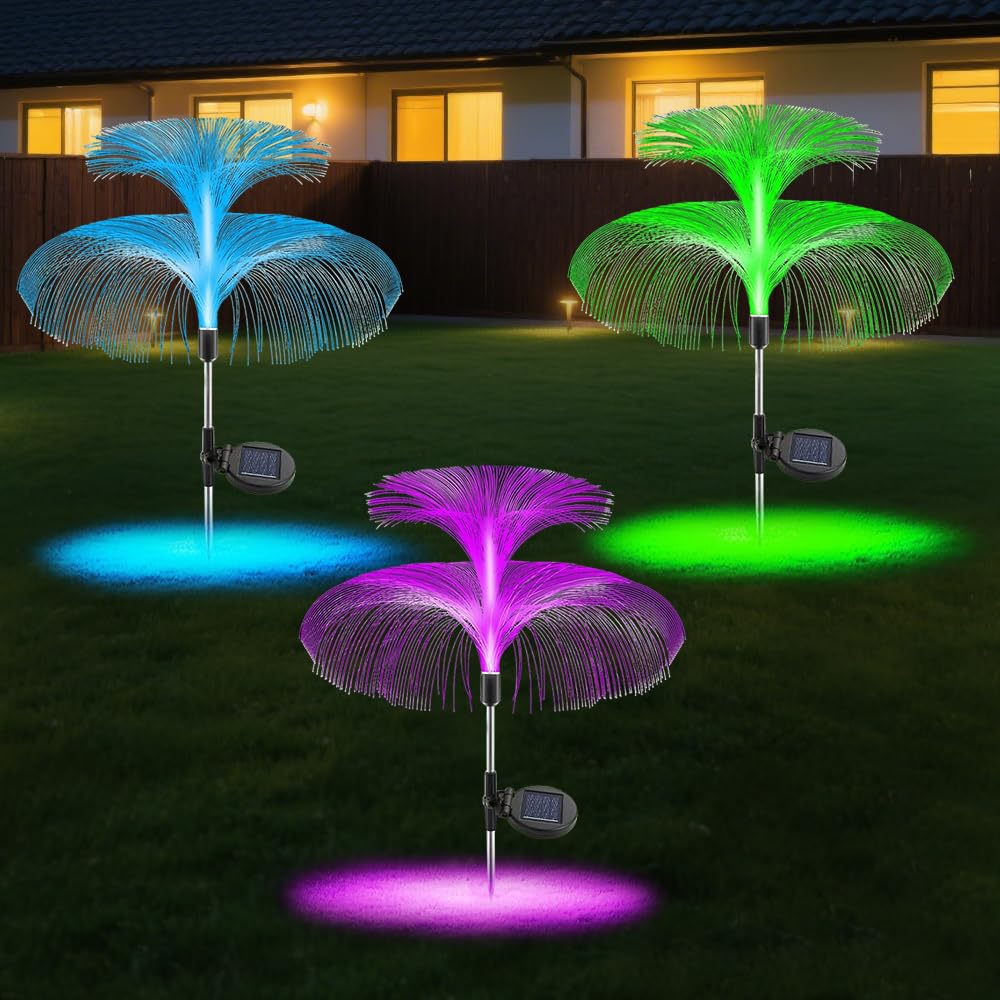 Nzkeuf Solar Lights Outdoor Garden Ornaments, 3 Pack 7 Colour Changing Solar Jellyfish Lights, Waterproof Garden Stake Light for Yard Pathway Lawn Party Decorations